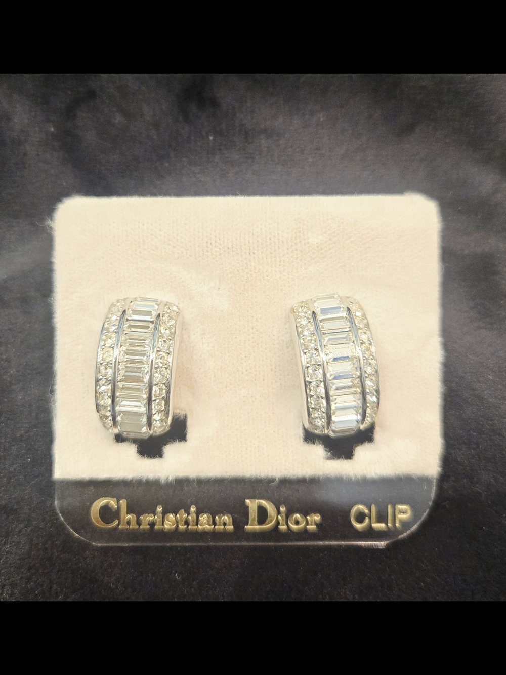 Dior Silver Baguette & Round Crystal Clip-On Earrings